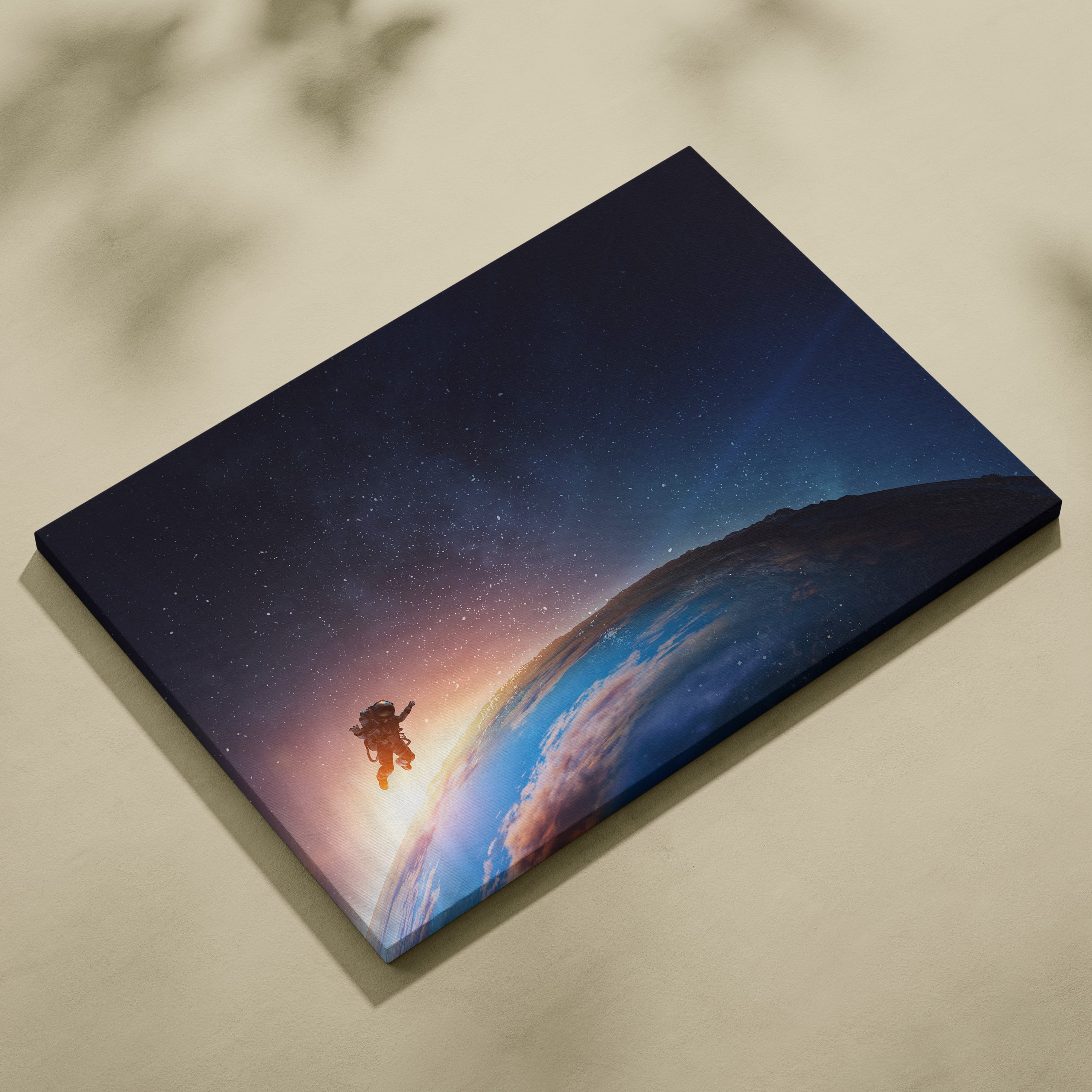 Rectangular canvas print of an astronaut near earths curved horizon with blue starry space sunrise hues for modern decor