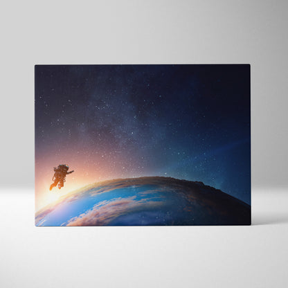 Astronaut earth orbit canvas wall art print with deep blue orange and purple starry space design for modern decor