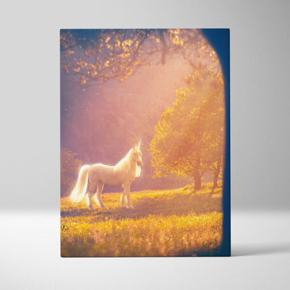 Rectangular canvas print of a white unicorn in a golden meadow with sunlit trees for dreamy fantasy wall art