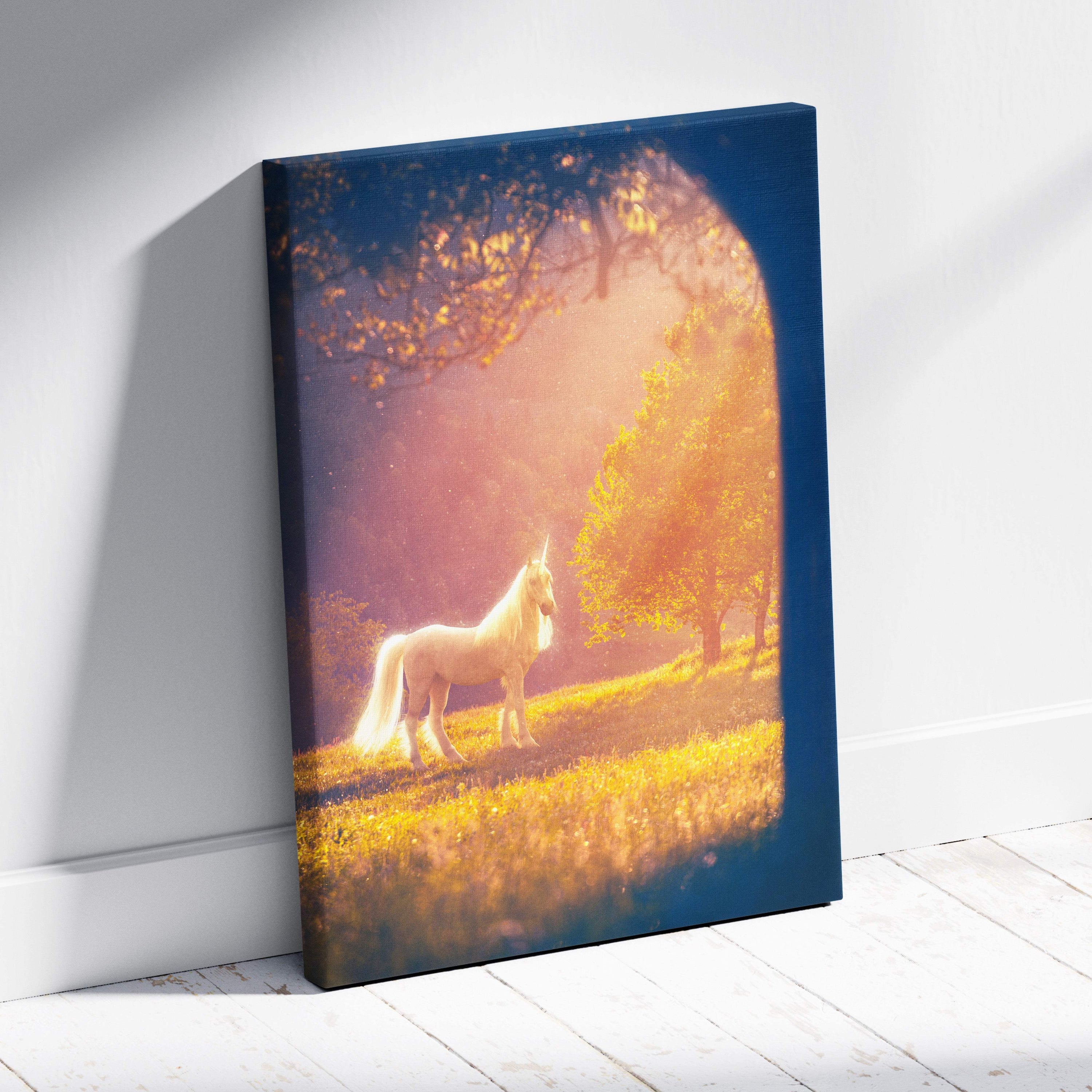 Rectangular canvas print of a white unicorn in a golden meadow under warm glowing light fantasy wall art