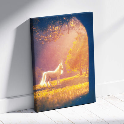 Rectangular canvas print of a white unicorn in a golden meadow under warm glowing light fantasy wall art
