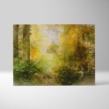 Lush misty forest in expressive watercolor green gold autumn canvas art
