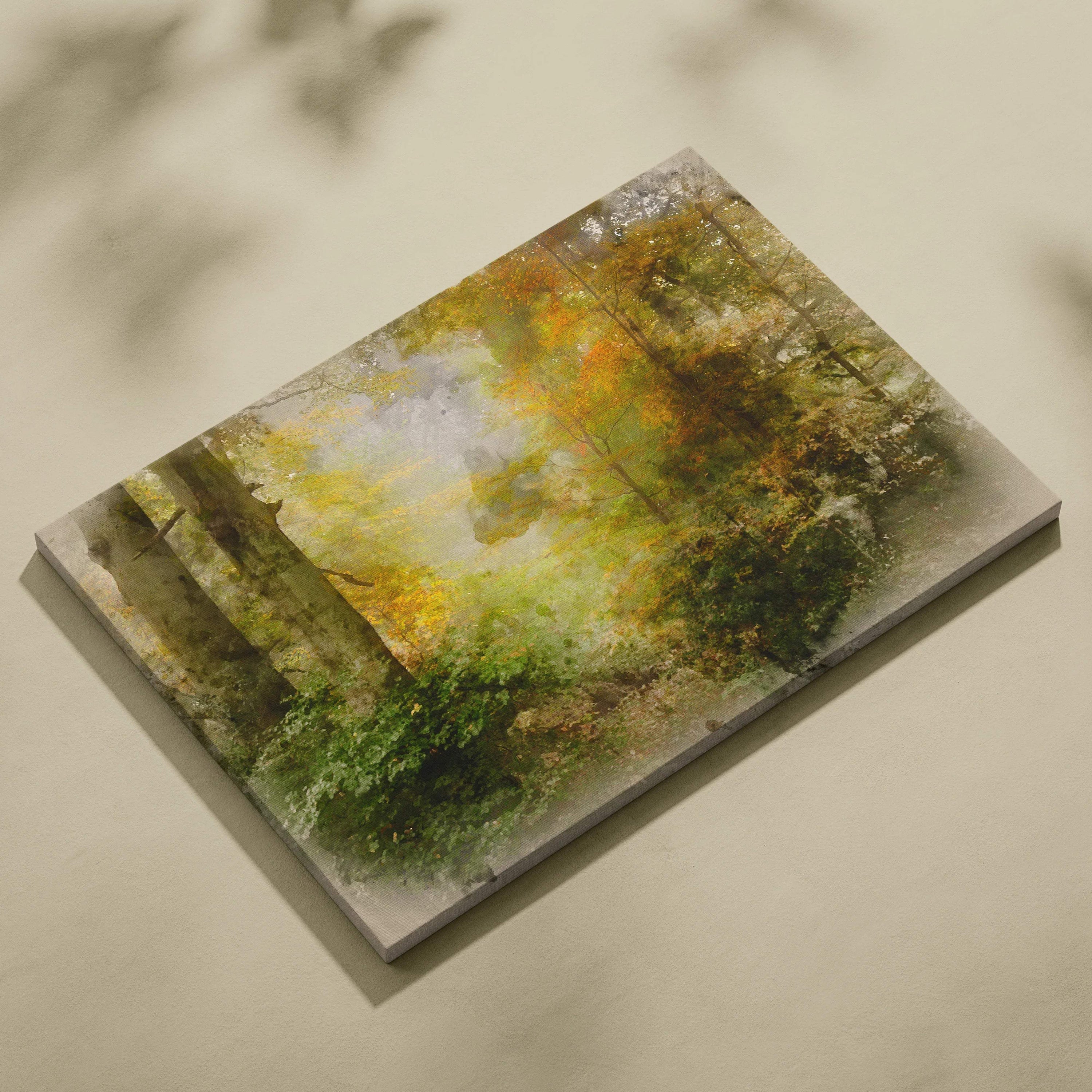 Lush watercolor forest canvas print in green gold autumn tones on gray frame
