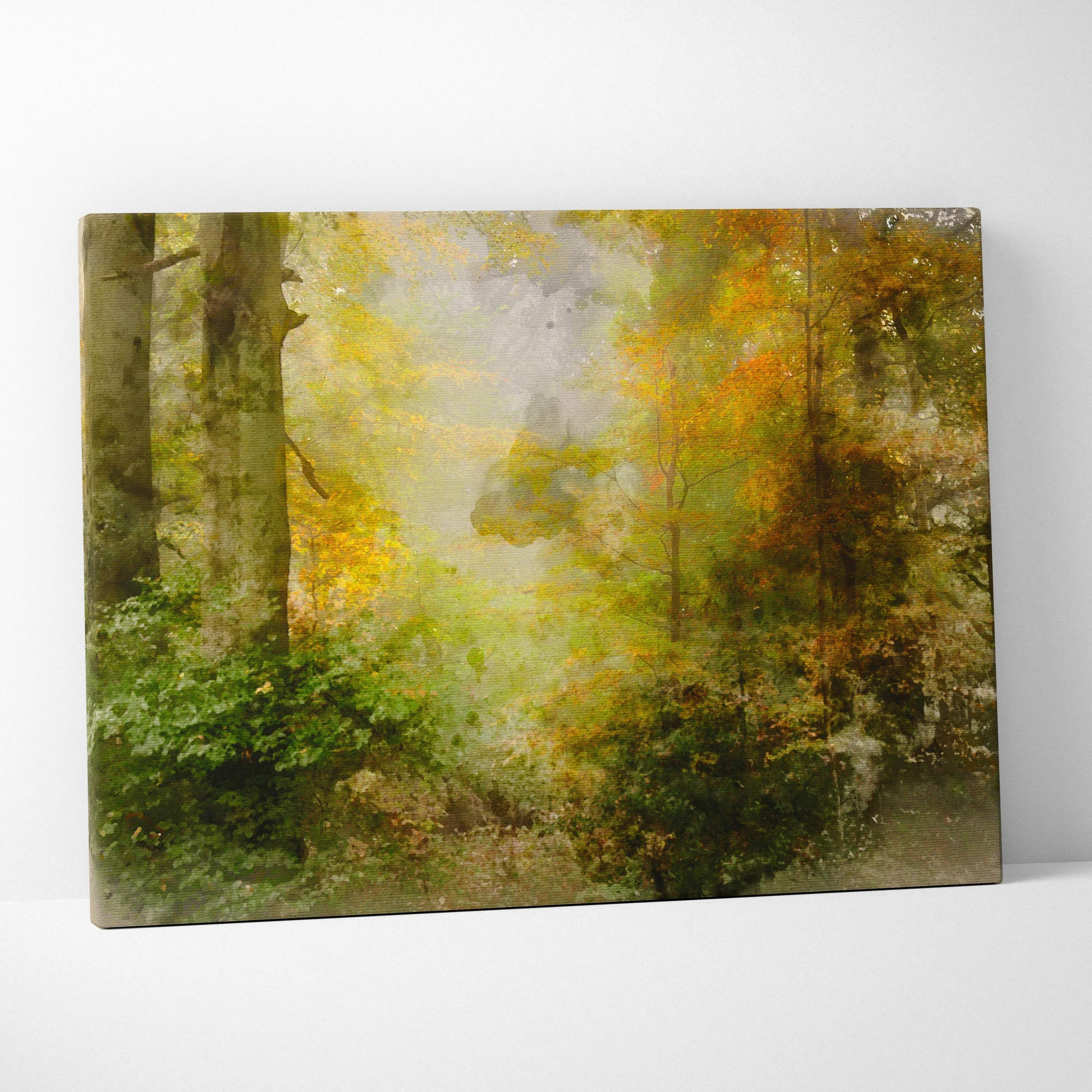 Lush misty forest in watercolor autumn green gold tones canvas print
