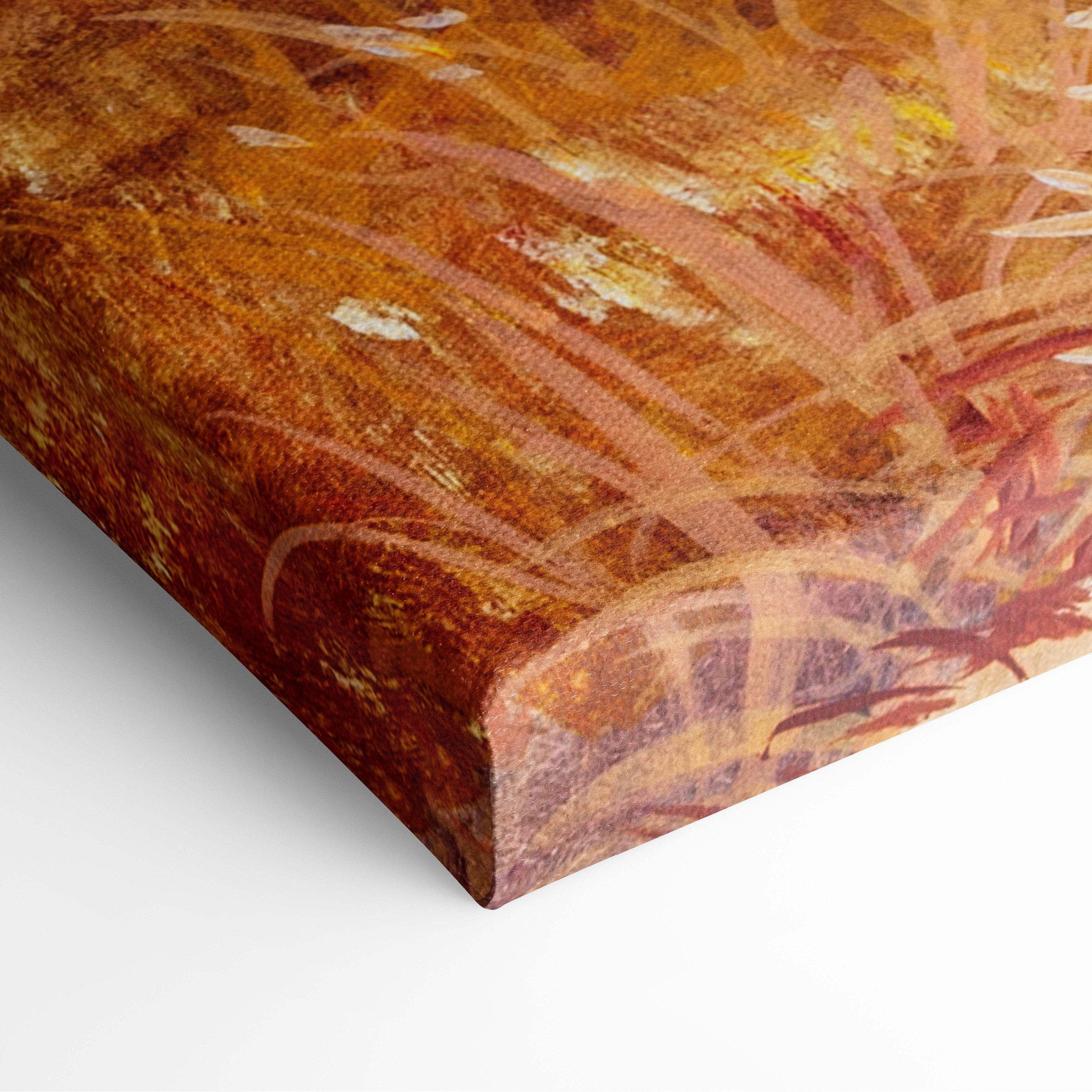 A textured canvas print of an autumn tree painting with warm orange brown and rust tones for fall wall art