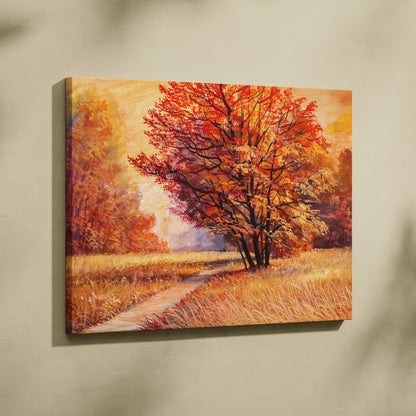Autumn tree painting style wall art canvas print featuring a vibrant red and orange tree with golden fields and sunlight