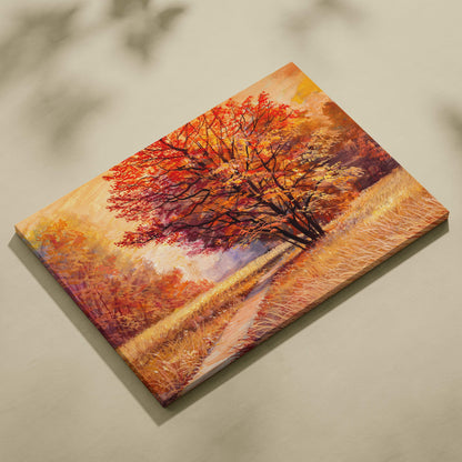 A vibrant autumn tree painting on canvas featuring fiery red and orange leaves with a golden fall sky background