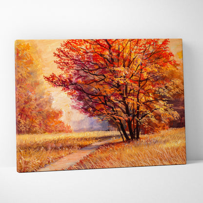 Autumn tree painting style wall art canvas print with vibrant red orange leaves golden field and soft sunlight landscape