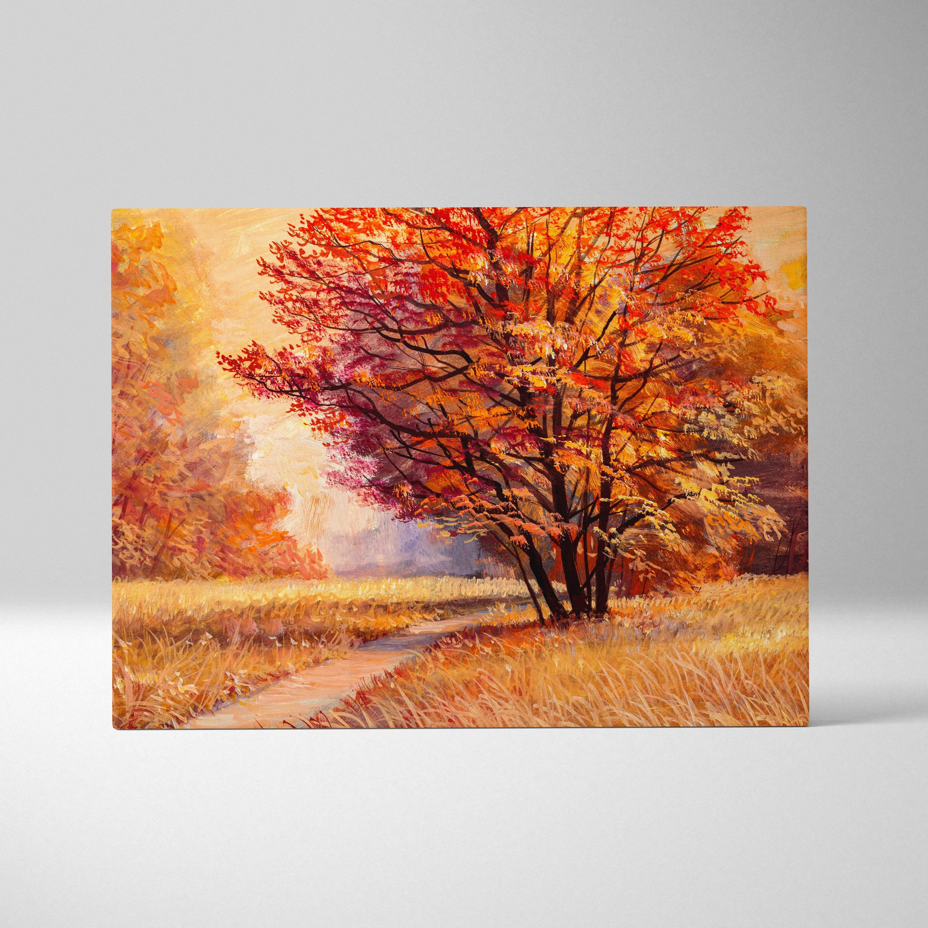 Autumn tree painting style wall art canvas print with fiery red and orange leaves golden field and winding path