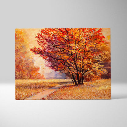 Autumn tree painting style wall art canvas print with fiery red and orange leaves golden field and winding path