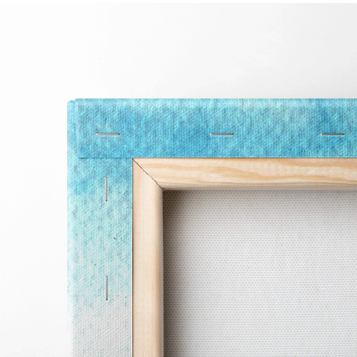 Light blue textured canvas of watercolor wheat field in wood frame