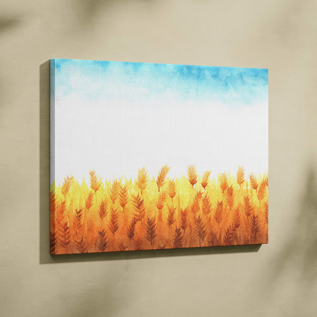 Watercolor wheat field in warm golden pastels under soft blue sky canvas art