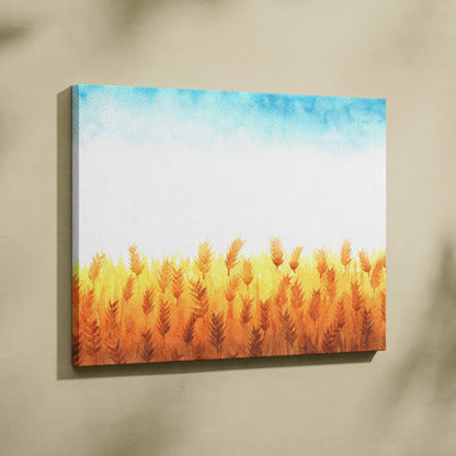 Watercolor wheat field in warm golden pastels under soft blue sky canvas art