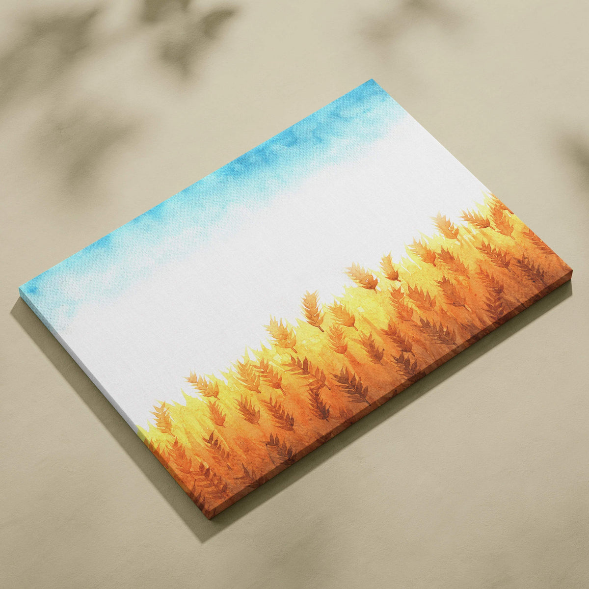 Watercolor wheat field in golden hues under soft blue sky canvas art