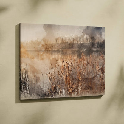 Misty lakeside marsh watercolor canvas print in warm sepia tones
