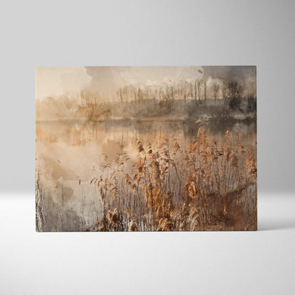 Misty lakeside marsh watercolor canvas art in warm sepia tones
