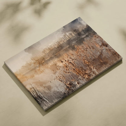 Misty lakeside marsh watercolor canvas art in warm sepia tones