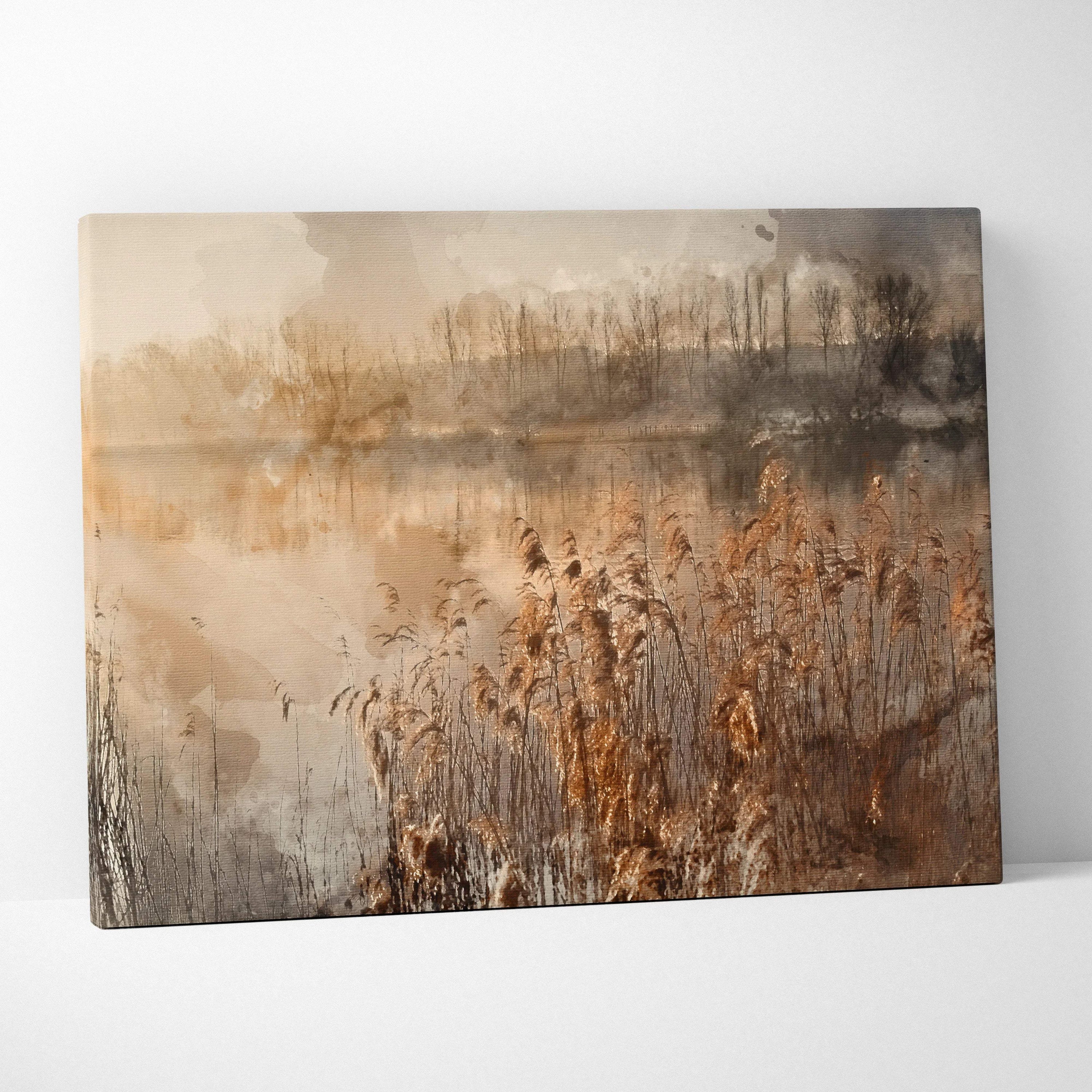 Misty lakeside marsh watercolor canvas art in warm sepia tones with reflections