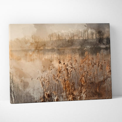 Misty lakeside marsh watercolor canvas art in warm sepia tones with reflections