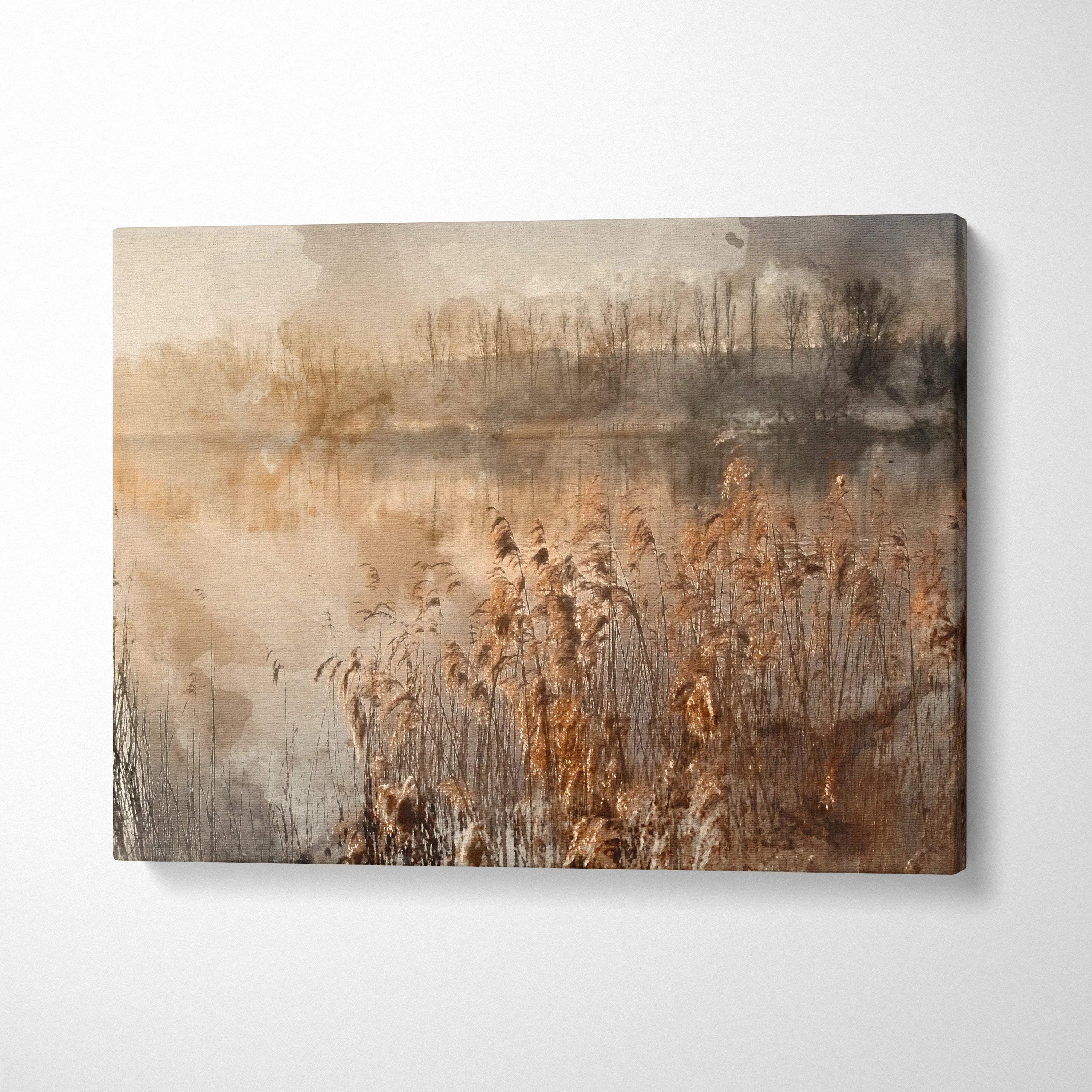 Misty lakeside marsh watercolor in warm sepia tones canvas wall art