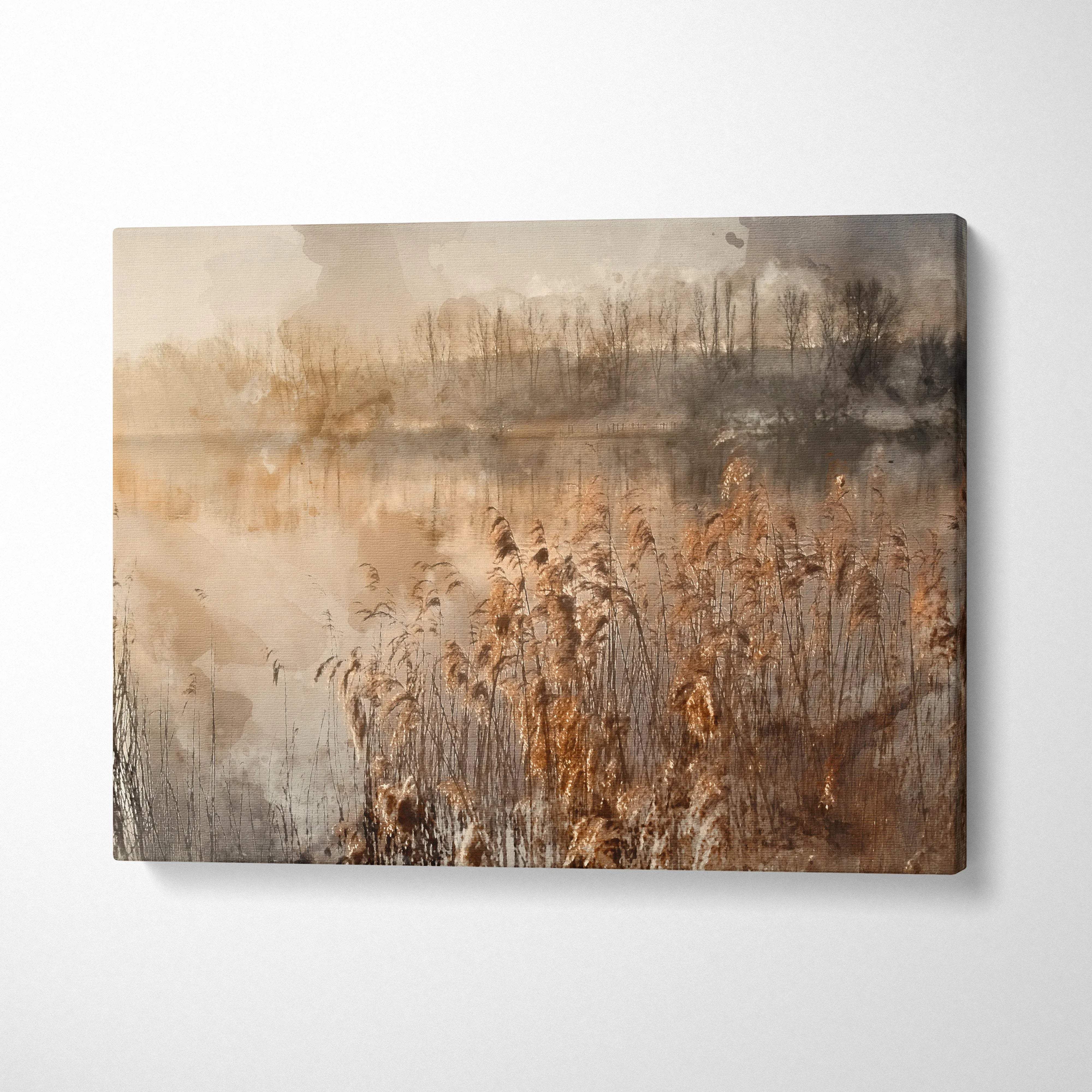 Misty lakeside marsh watercolor in warm sepia tones canvas wall art