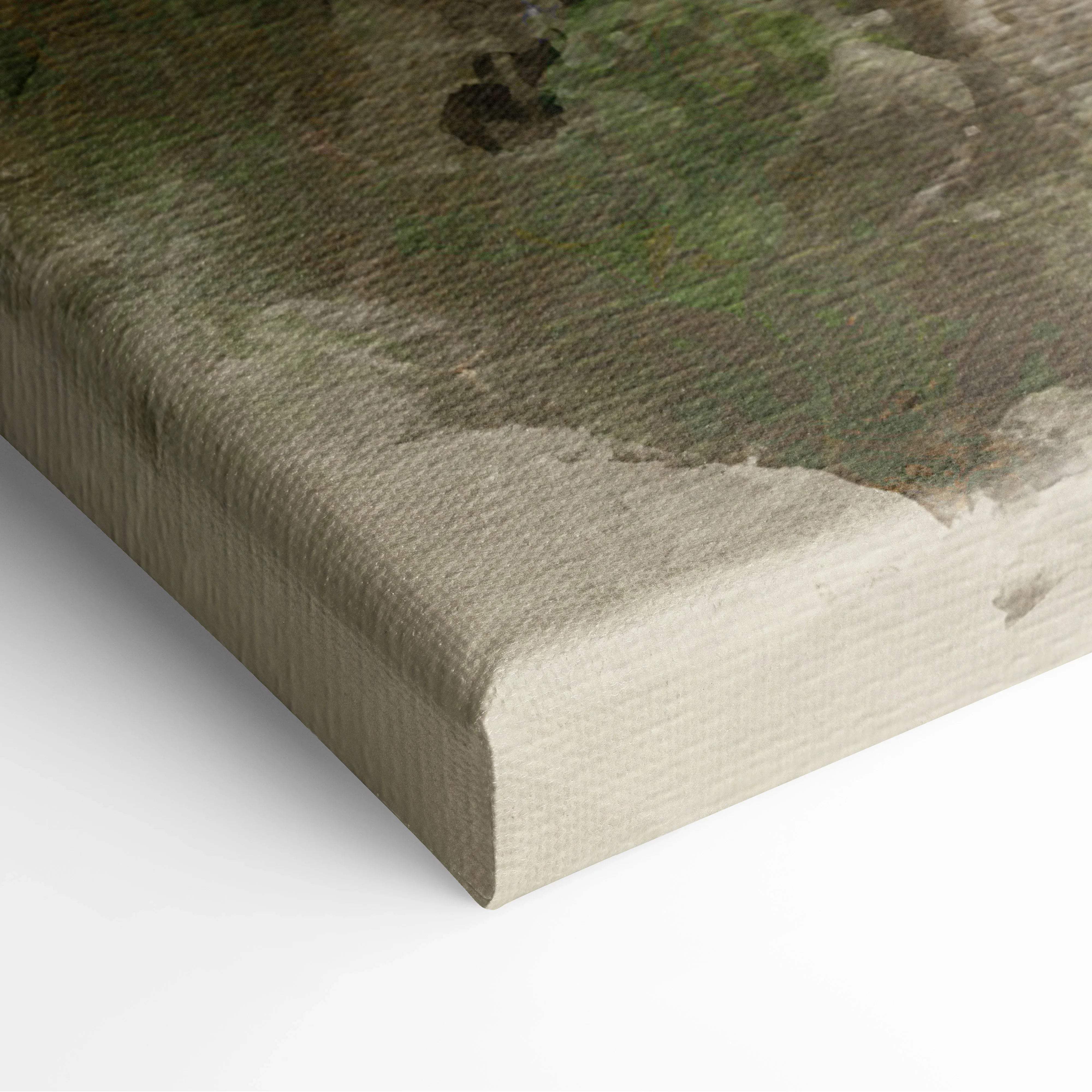Sunlit woodland path canvas wall art in textured earthy green watercolor