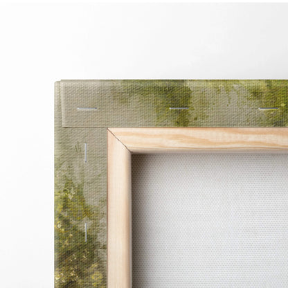 Sunlit woodland path canvas wall art in watercolor style with lush greens golds violets on light wood frame