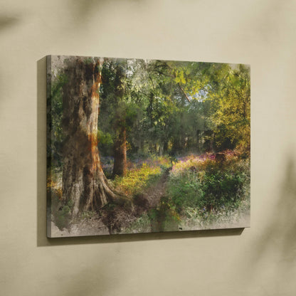 Sunlit woodland path canvas art in watercolor with lush greens golds violets
