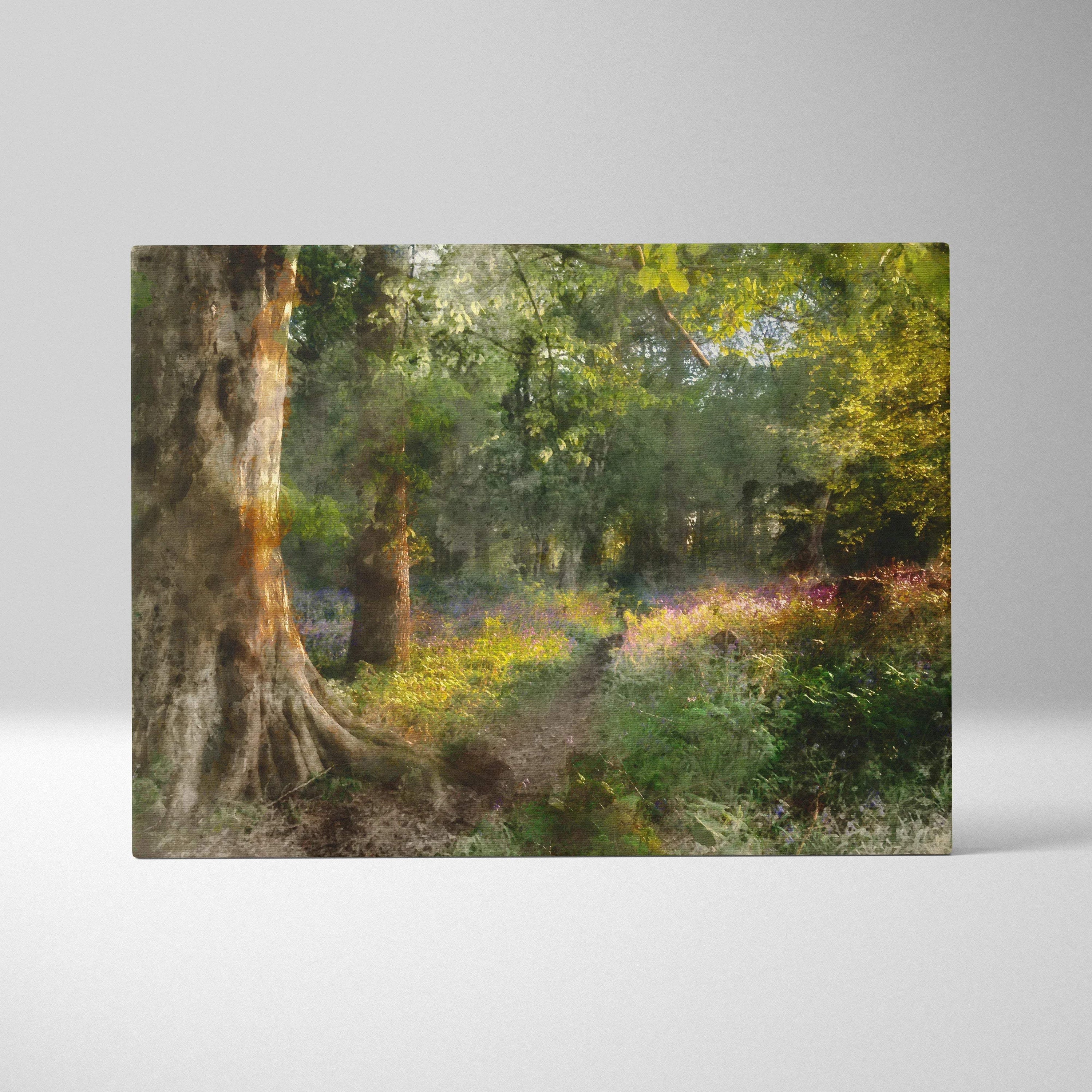 Sunlit woodland path canvas art in watercolor with lush greens, golds, violets