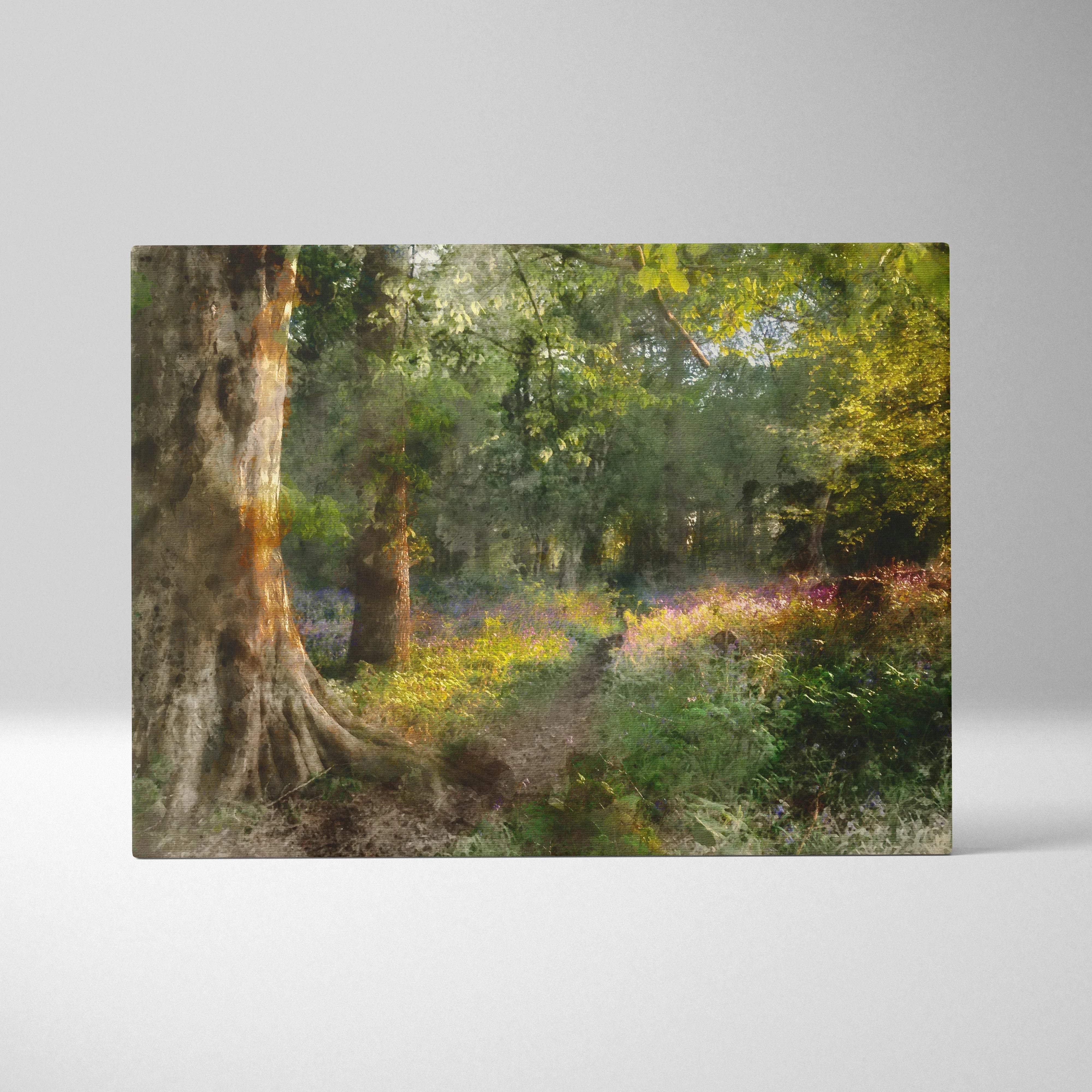 Sunlit woodland path canvas art in watercolor with lush greens, golds, violets