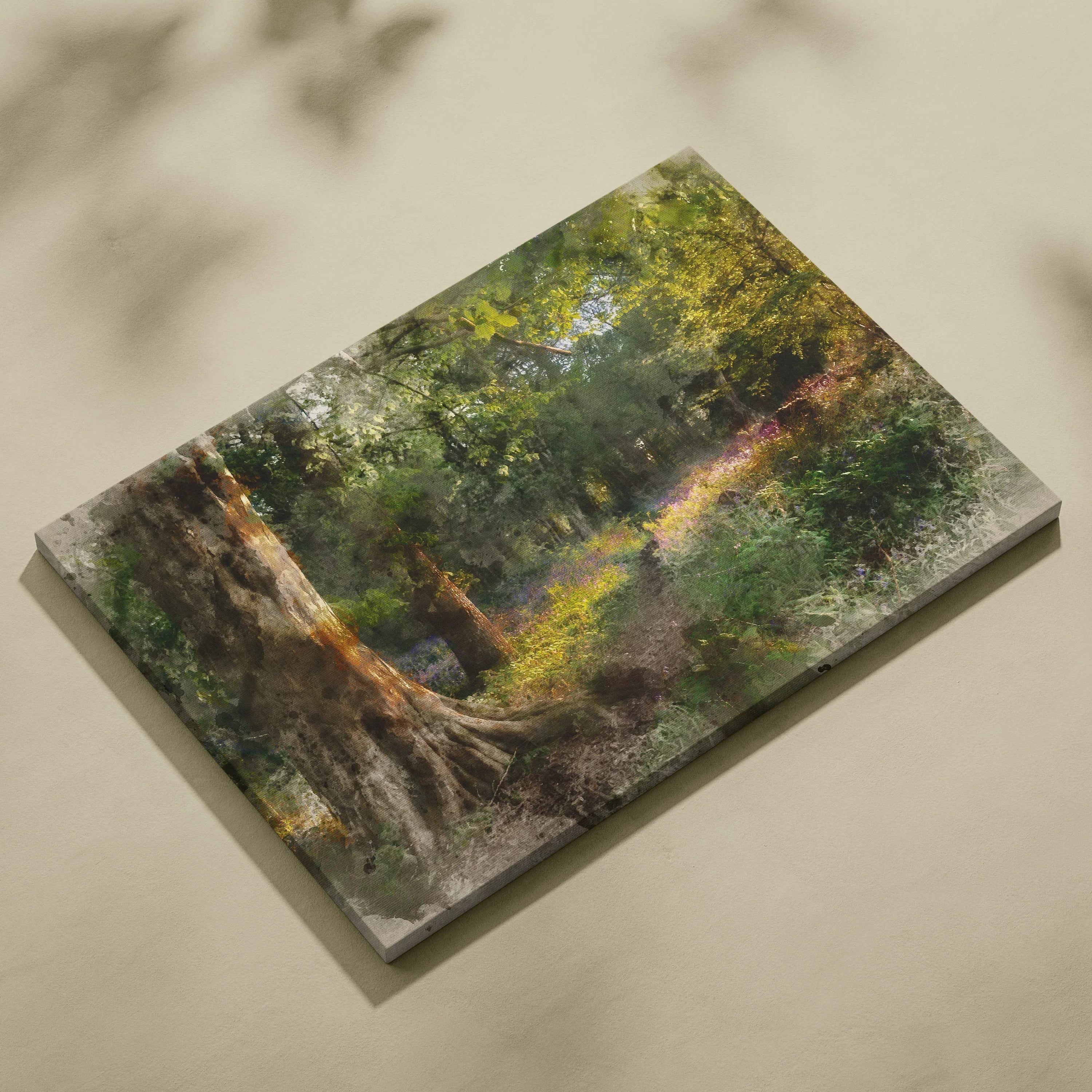Sunlit woodland path canvas art in watercolor with lush greens golds violets