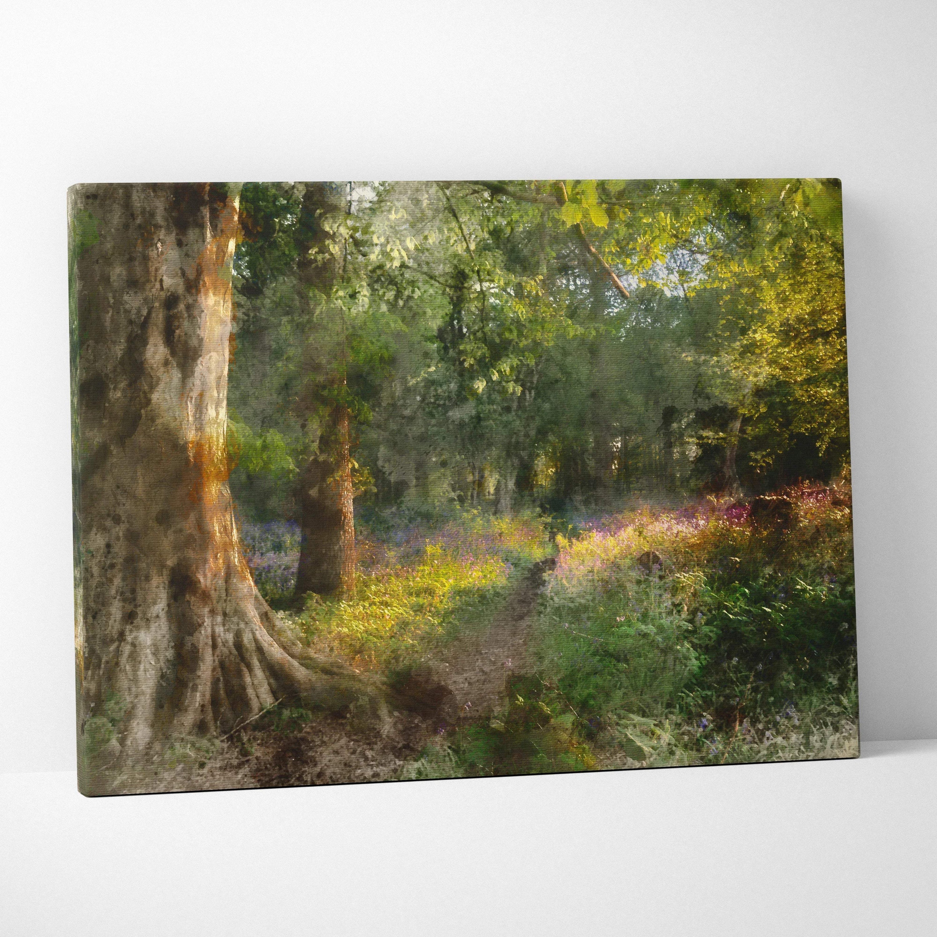 Sunlit woodland path canvas wall art in expressive watercolor style