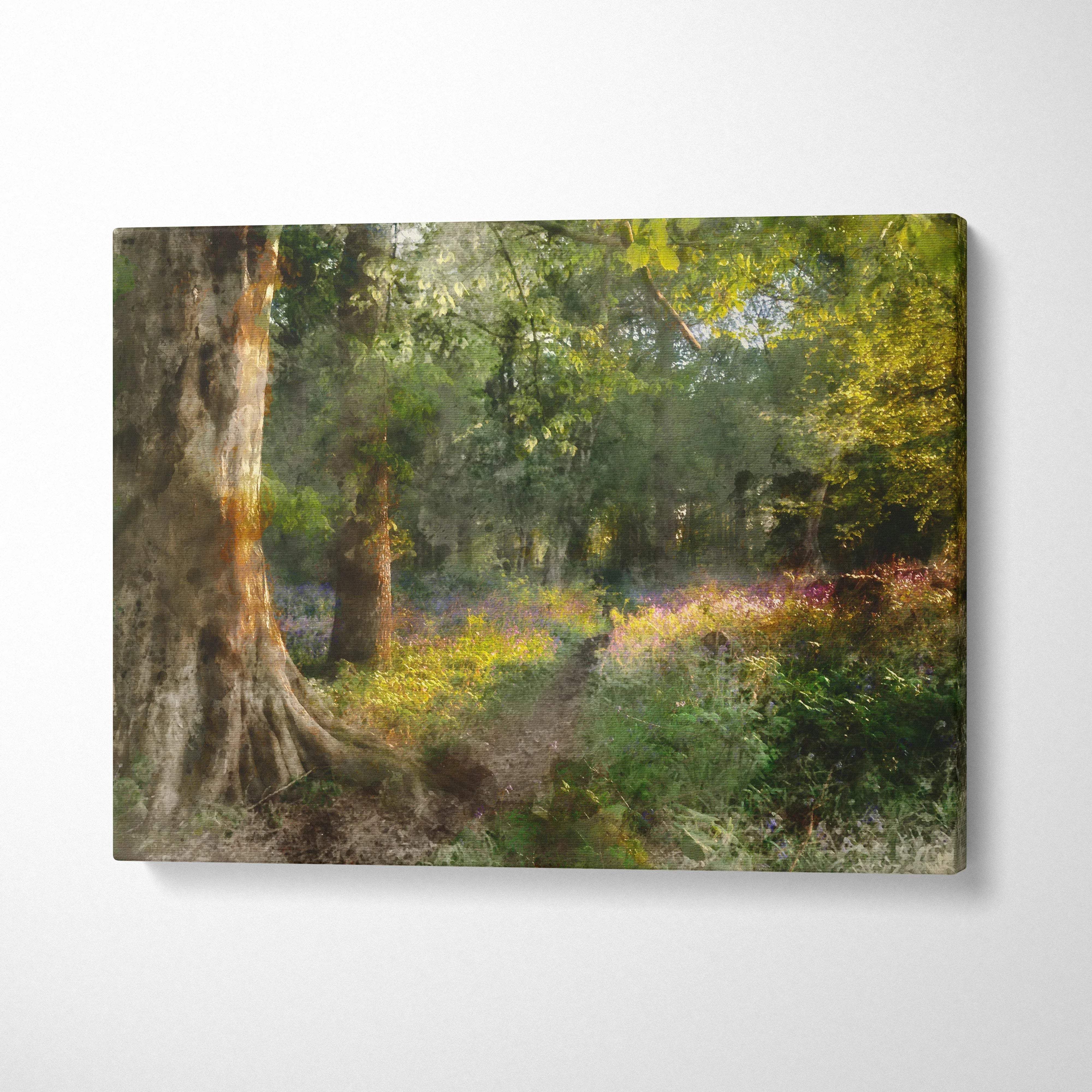 Sunlit woodland path canvas wall art in expressive watercolor style