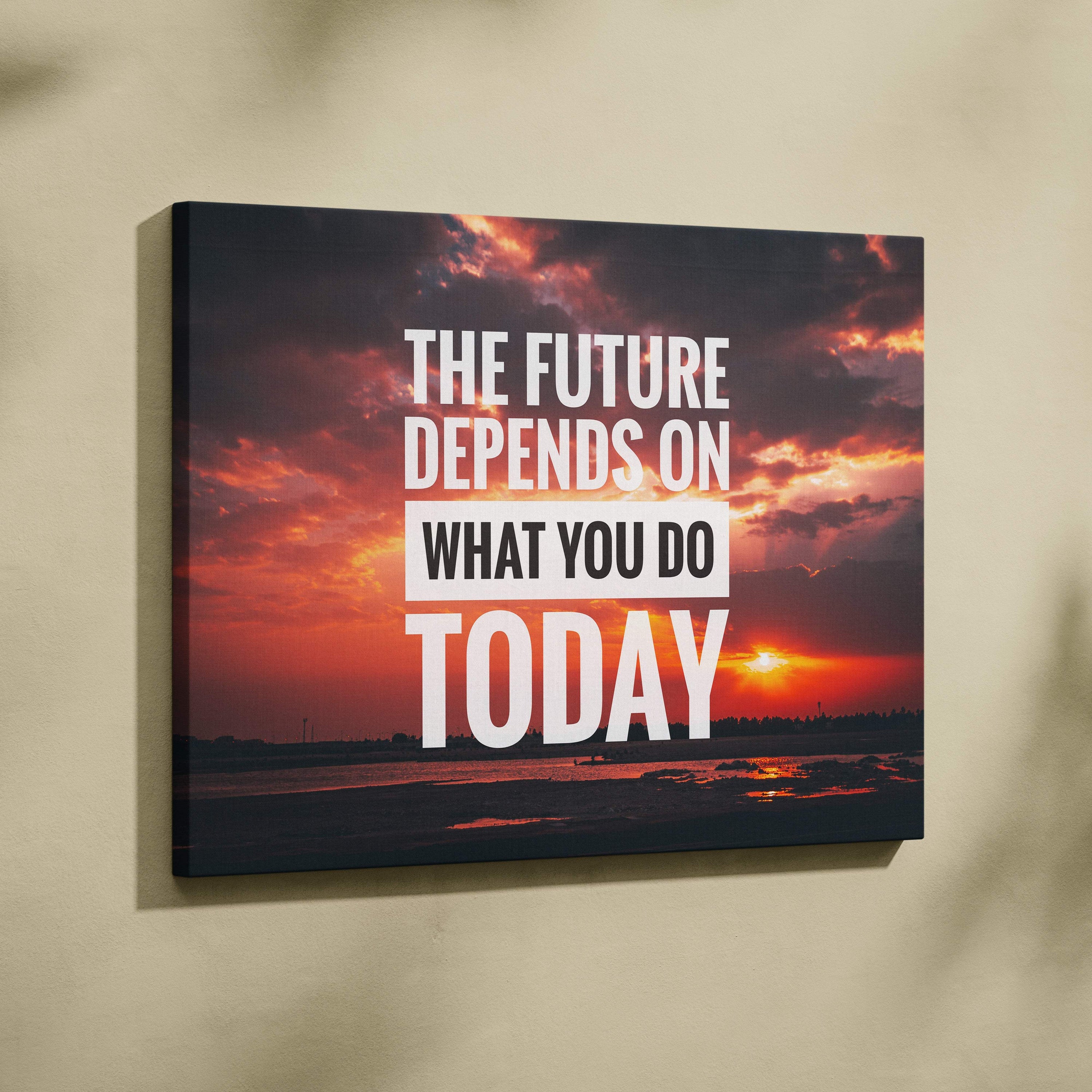 Motivational sunset canvas wall art featuring bold white text with an inspirational quote over orange and purple clouds