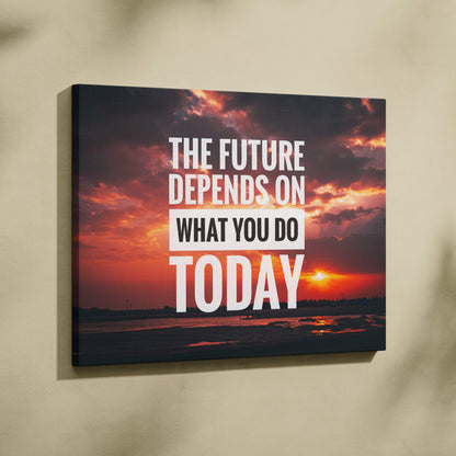 Motivational sunset canvas wall art featuring bold white text with an inspirational quote over orange and purple clouds