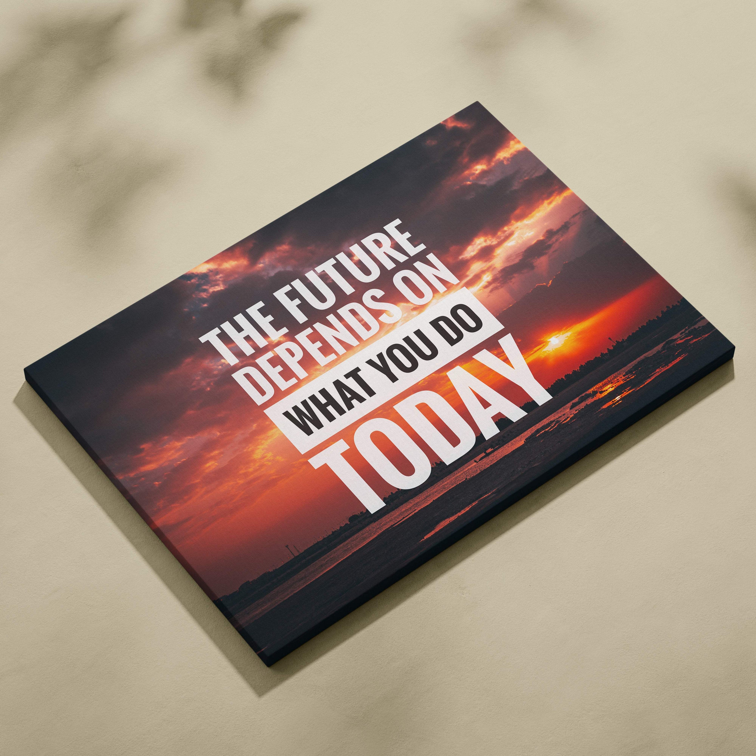 Motivational sunset canvas wall art featuring vibrant red and orange clouds with bold white inspirational quote text