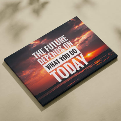Motivational sunset canvas wall art featuring vibrant red and orange clouds with bold white inspirational quote text