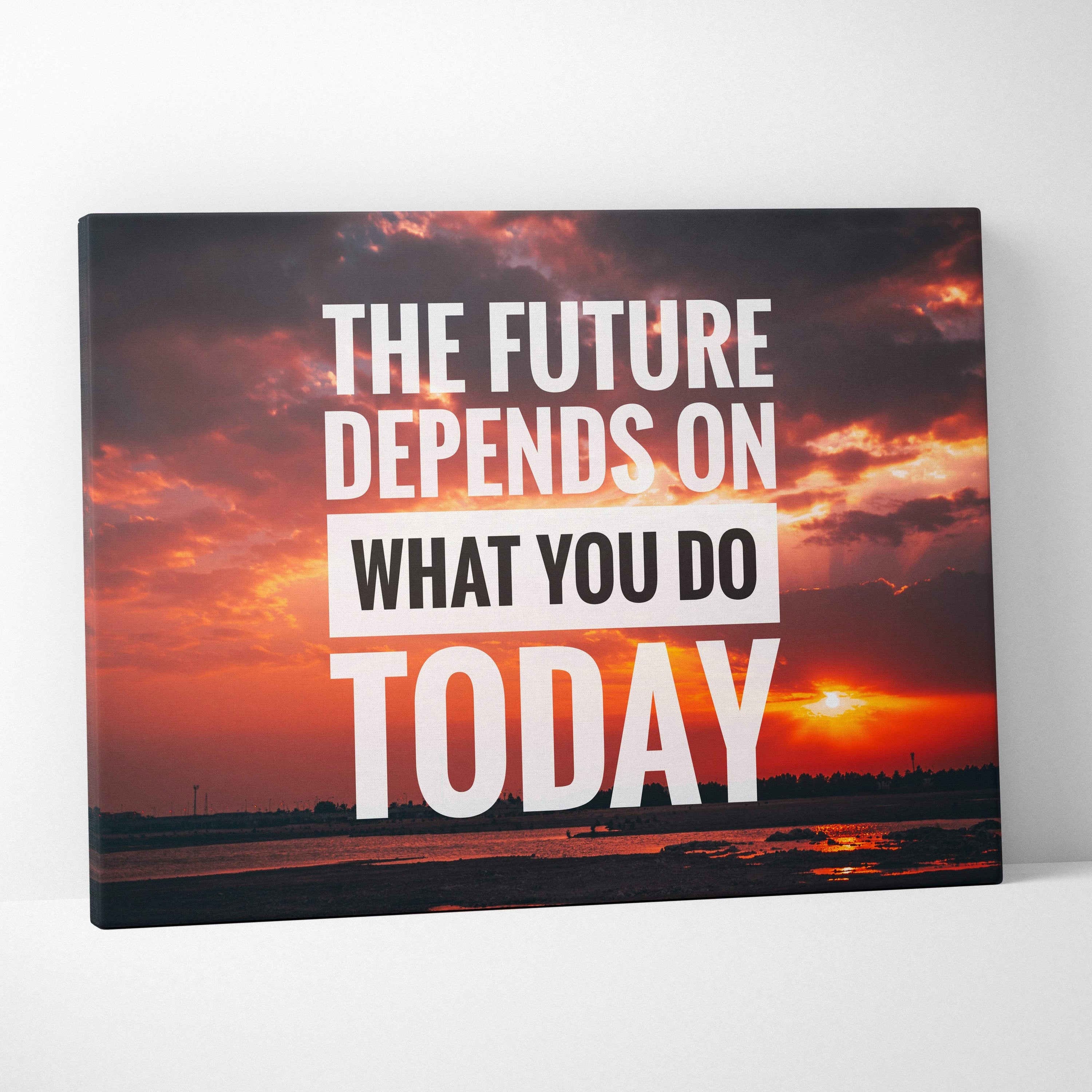 Motivational sunset canvas wall art with bold white and black text on vibrant orange and red sunset sky background