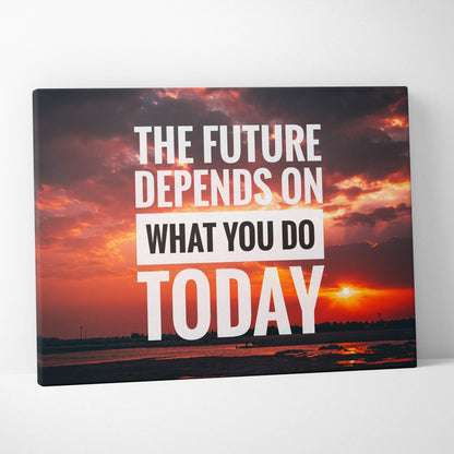 Motivational sunset canvas wall art with bold white and black text on vibrant orange and red sunset sky background