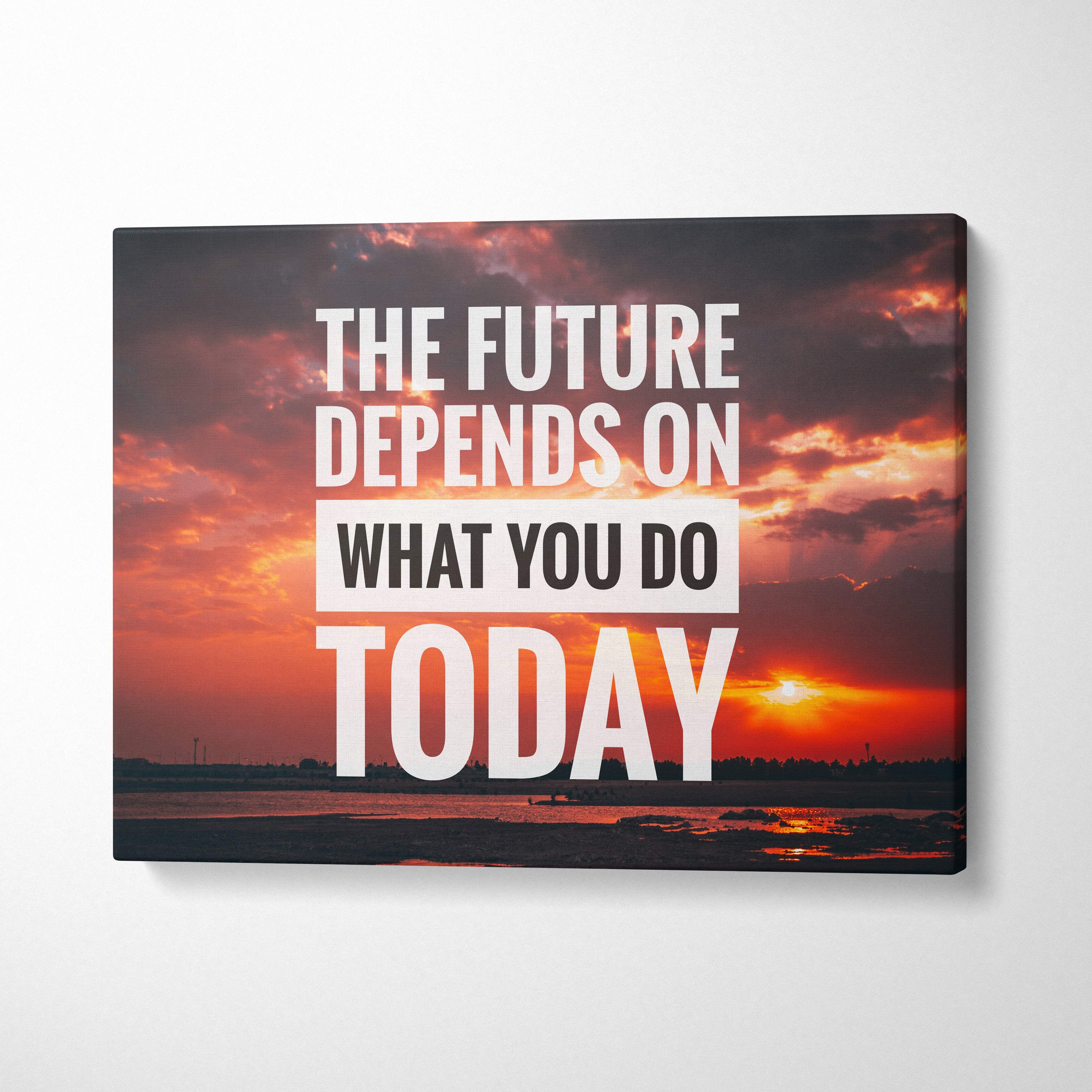 A rectangular canvas print of a vibrant red orange sunset with bold white and black inspirational text for wall decor