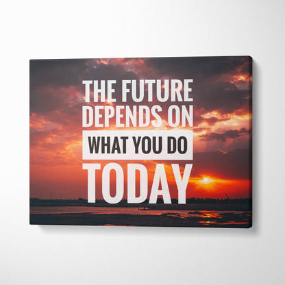 A rectangular canvas print of a vibrant red orange sunset with bold white and black inspirational text for wall decor