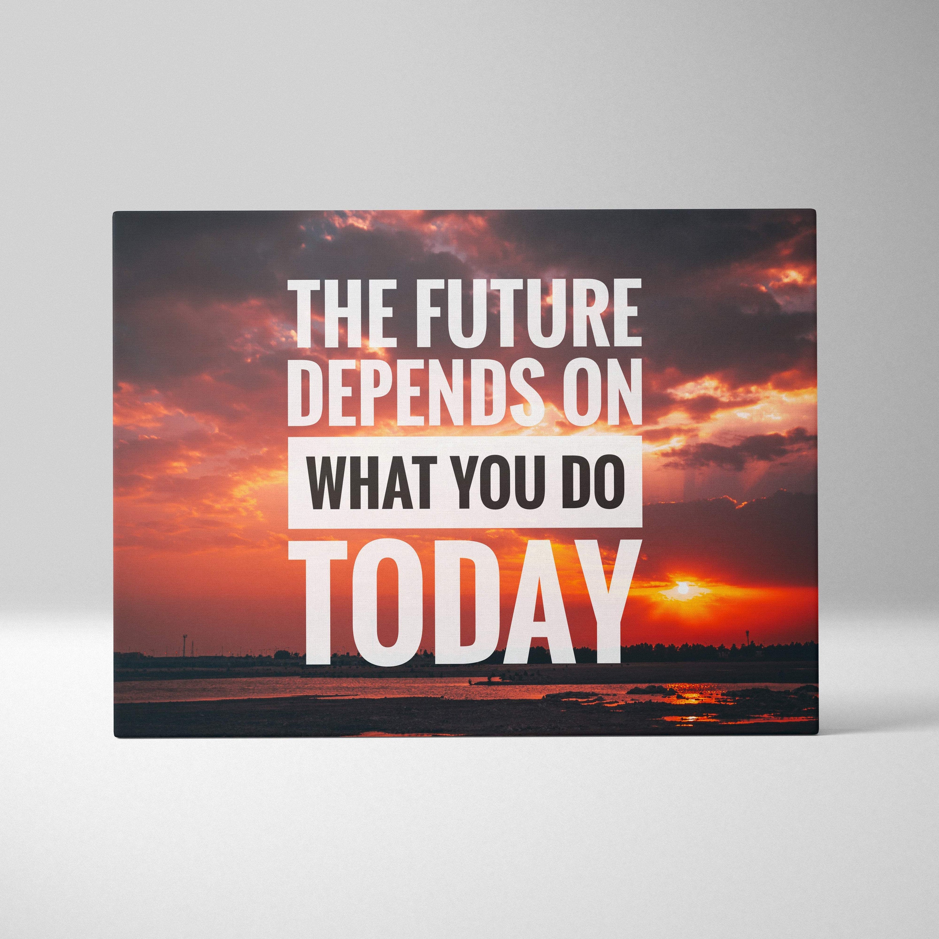 Rectangular canvas wall art featuring a vibrant red orange sunset and the motivational quote the future depends on what you do today