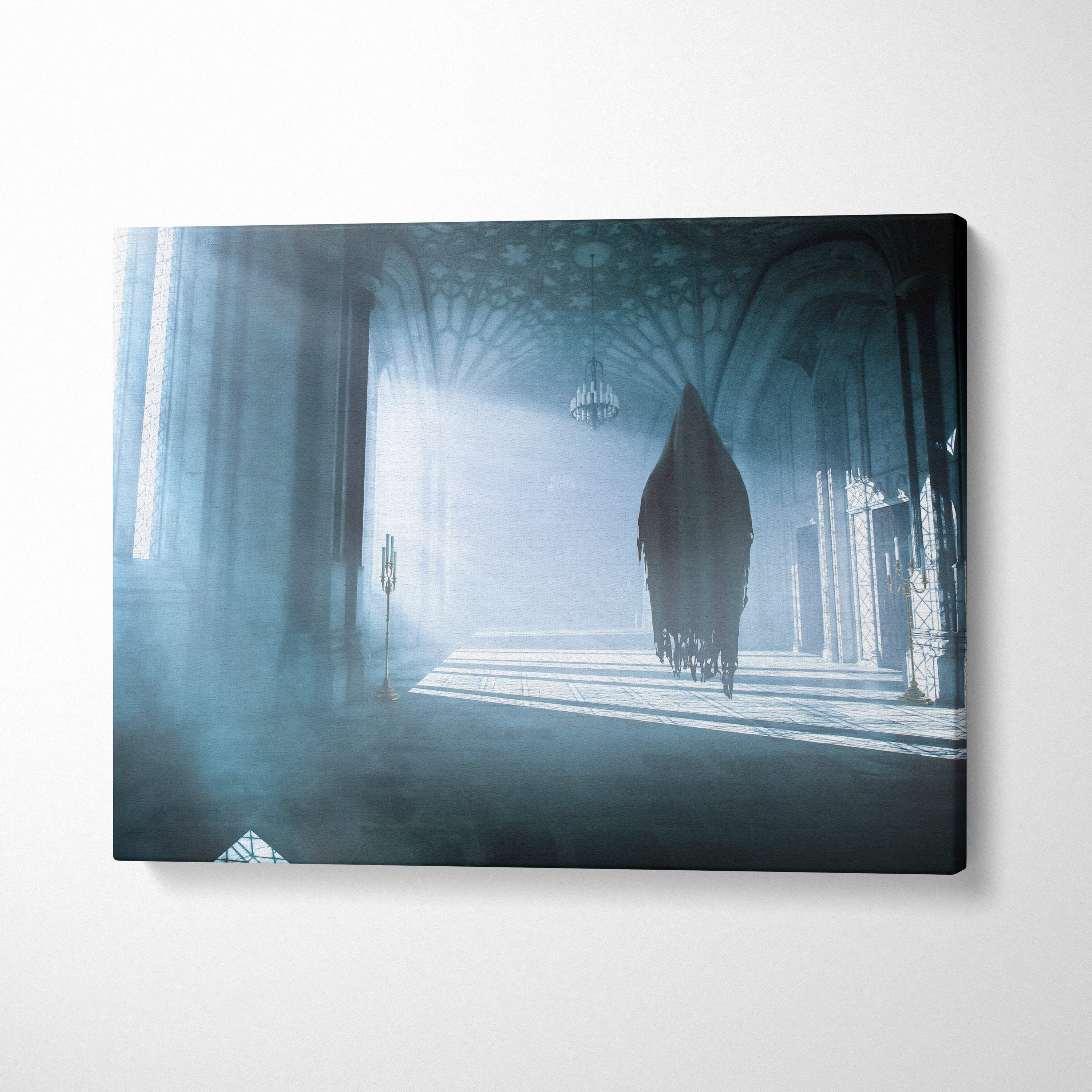 Haunted gothic cathedral canvas wall art featuring a hooded ghost figure in blue mist with stone arches and soft lighting