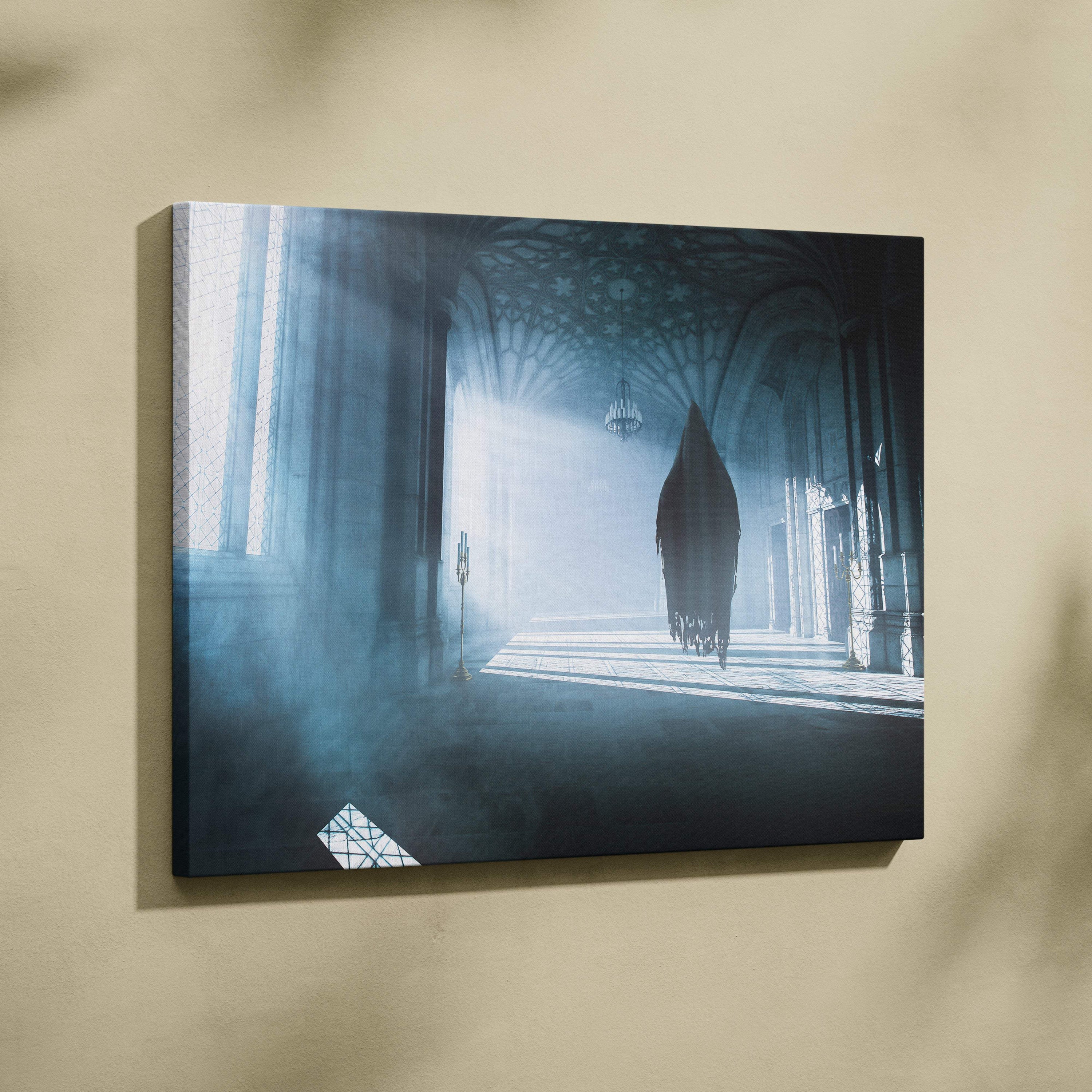 Haunted gothic cathedral canvas print featuring a hooded figure in blue mist light rays and eerie horror atmosphere