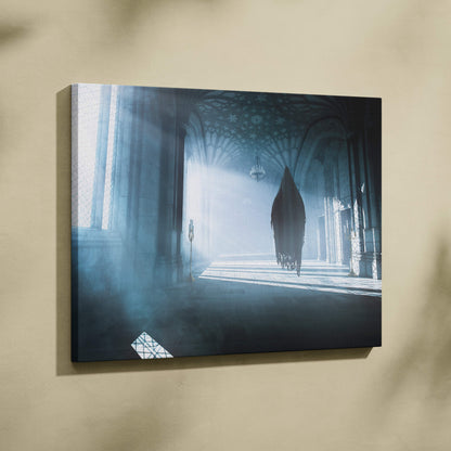 Haunted gothic cathedral canvas print featuring a hooded figure in blue mist light rays and eerie horror atmosphere