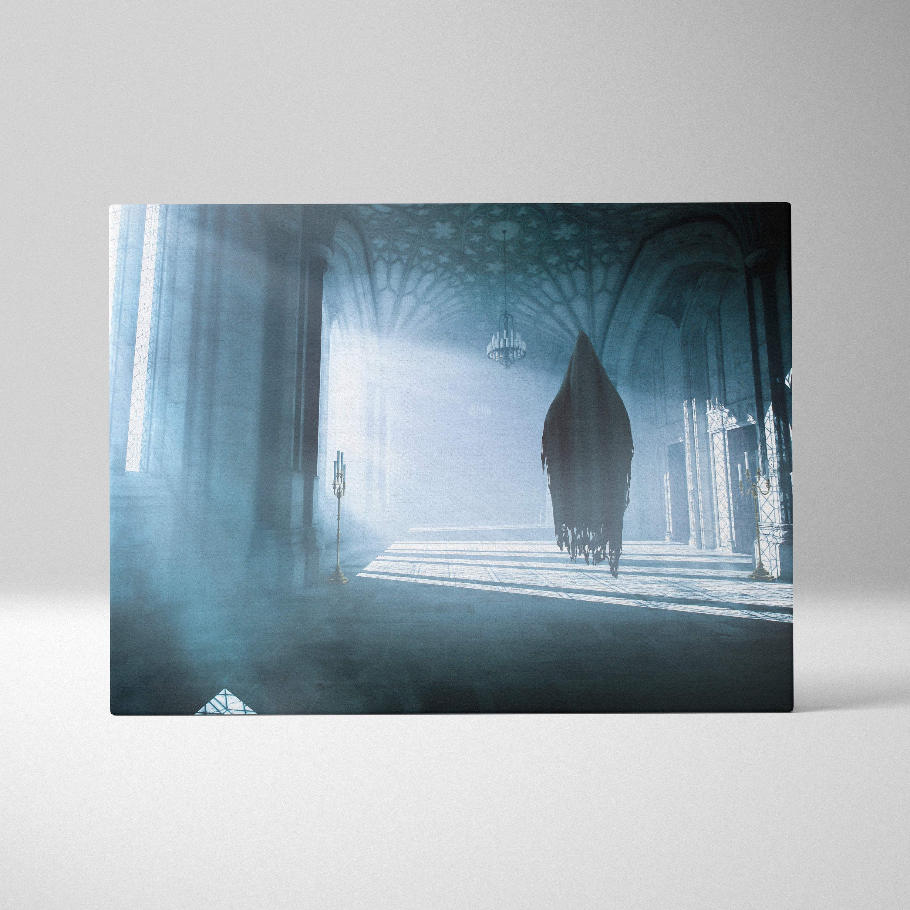 Haunted gothic cathedral canvas print featuring a blue mist lit hooded ghost figure in a dark eerie stone aisle interior