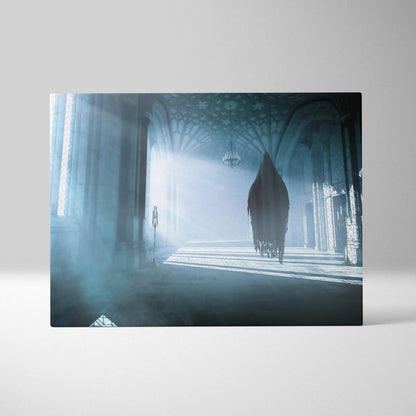 Haunted gothic cathedral canvas print featuring a blue mist lit hooded ghost figure in a dark eerie stone aisle interior