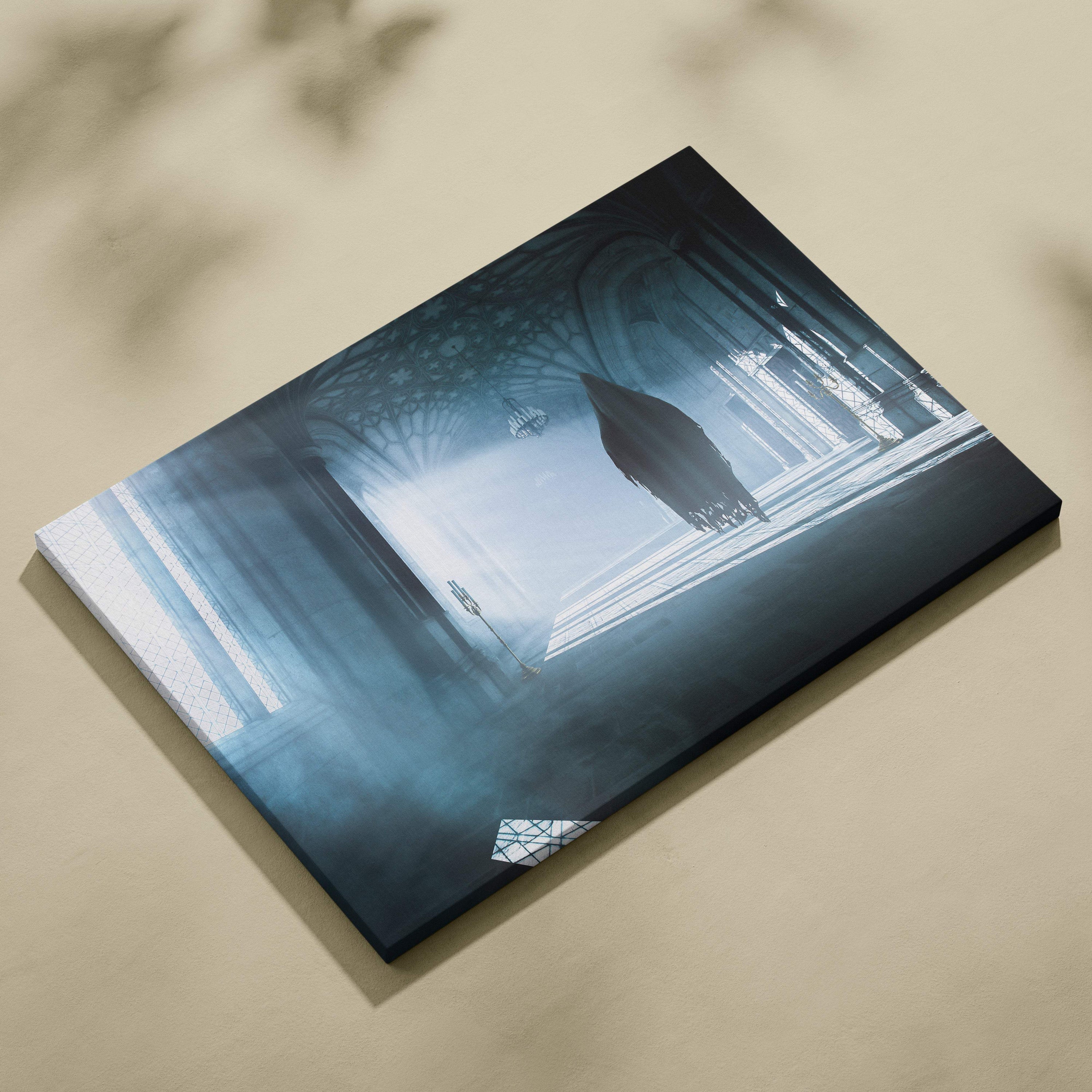 Blue-toned canvas print of a haunted gothic cathedral with a dark floating ghost figure and eerie blue mist light rays