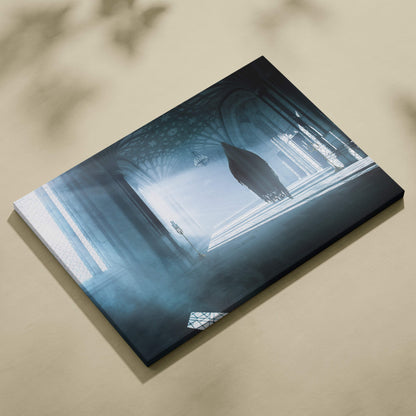Blue-toned canvas print of a haunted gothic cathedral with a dark floating ghost figure and eerie blue mist light rays
