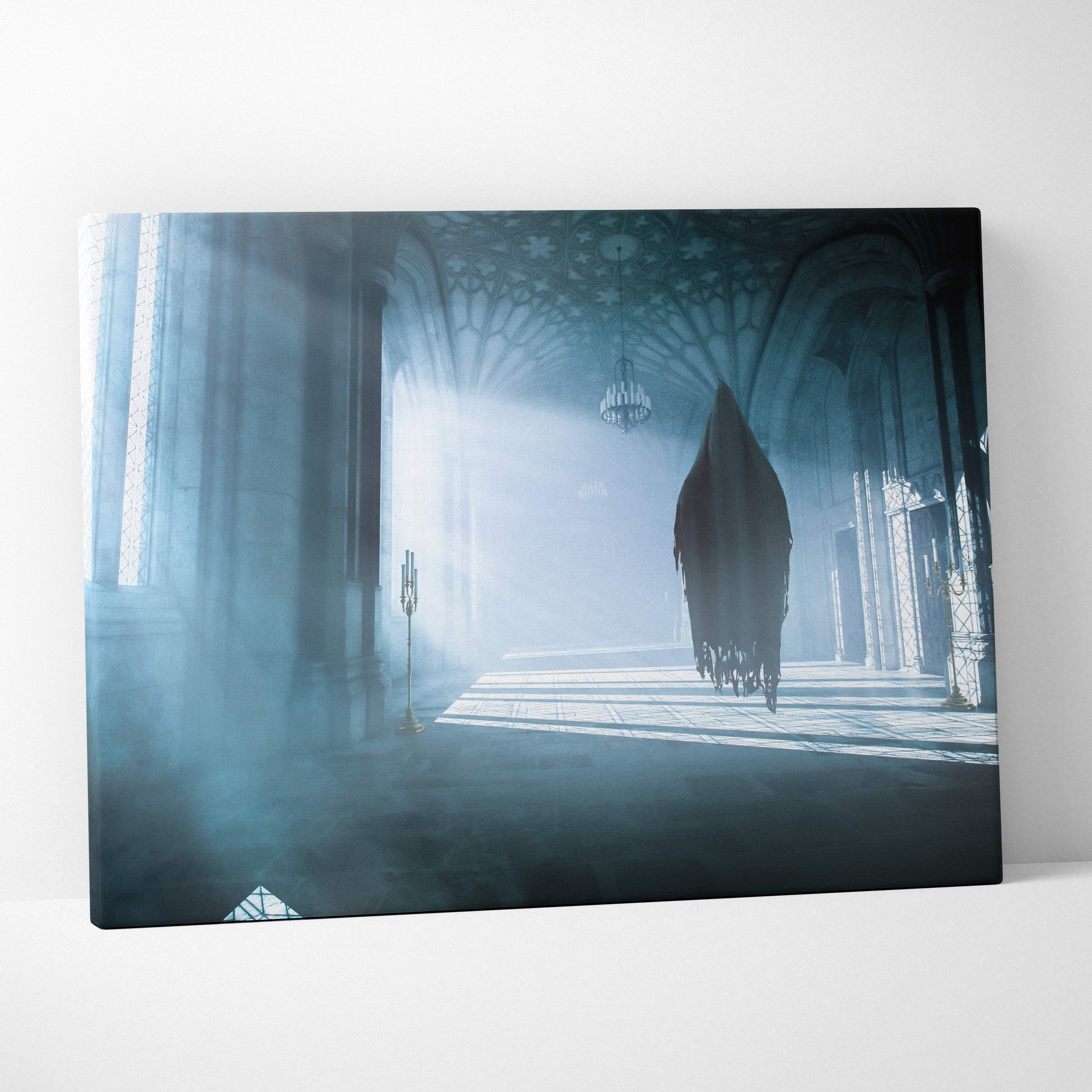 Haunted gothic cathedral canvas wall art featuring a dark hooded ghost figure in blue mist and sunlit stone arches